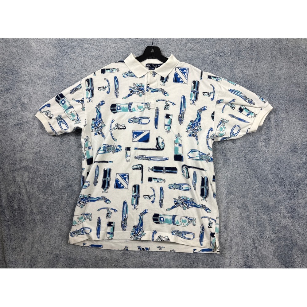 Nautica‎ Mens XXL White Scuba Diving Print Polo Shirt Vintage Short Sleeve